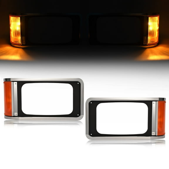 Kojem Pair Headlight Bezels for 1990-2017 Mack CH613 SFA Hood Truck Headlamp Cover Trim Driver & Passenger Side Halogen W/Bulbs Amber Lens