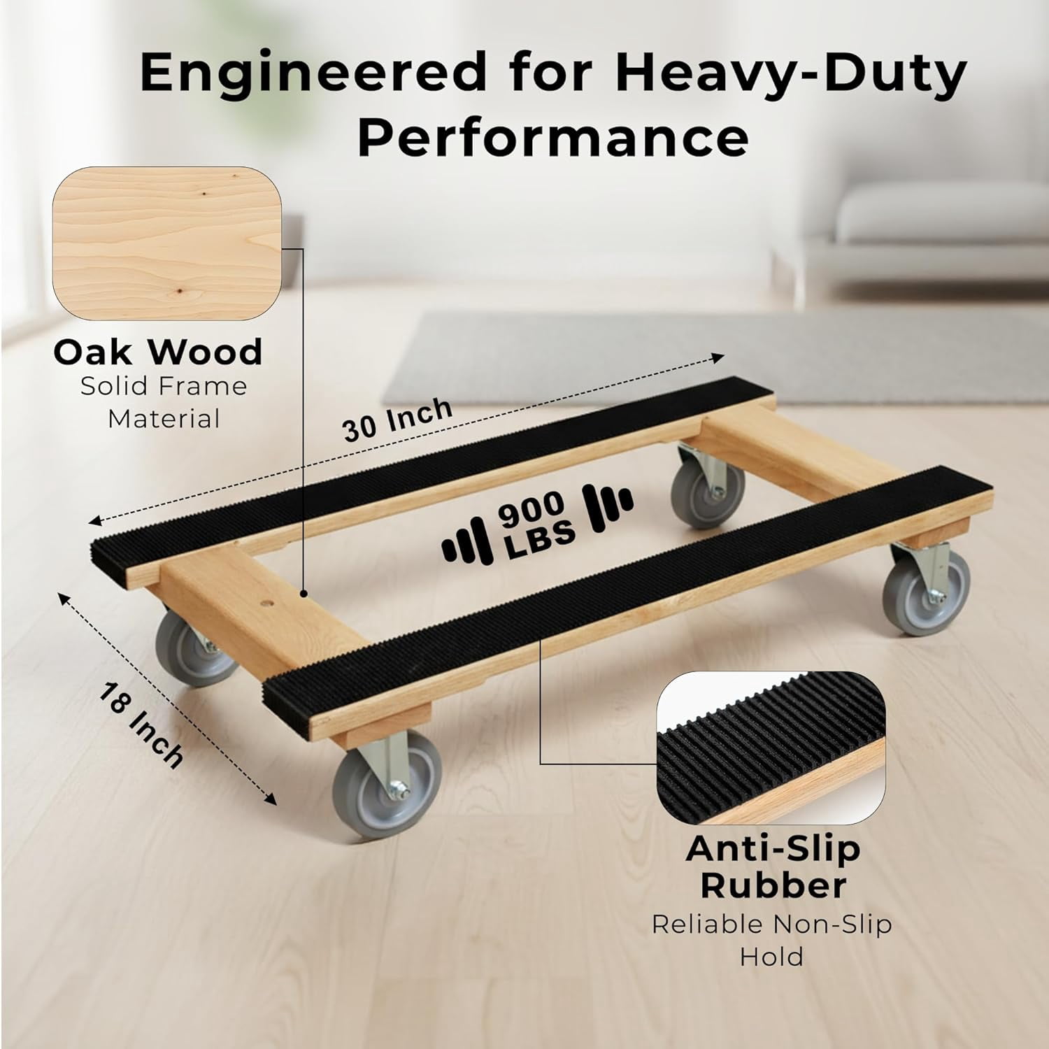 Furniture Dolly 4 Wheel Heavy Duty | Flat Moving Dolly H Frame Oak | Full Length Rubber Tread Dual Rail | 18x30