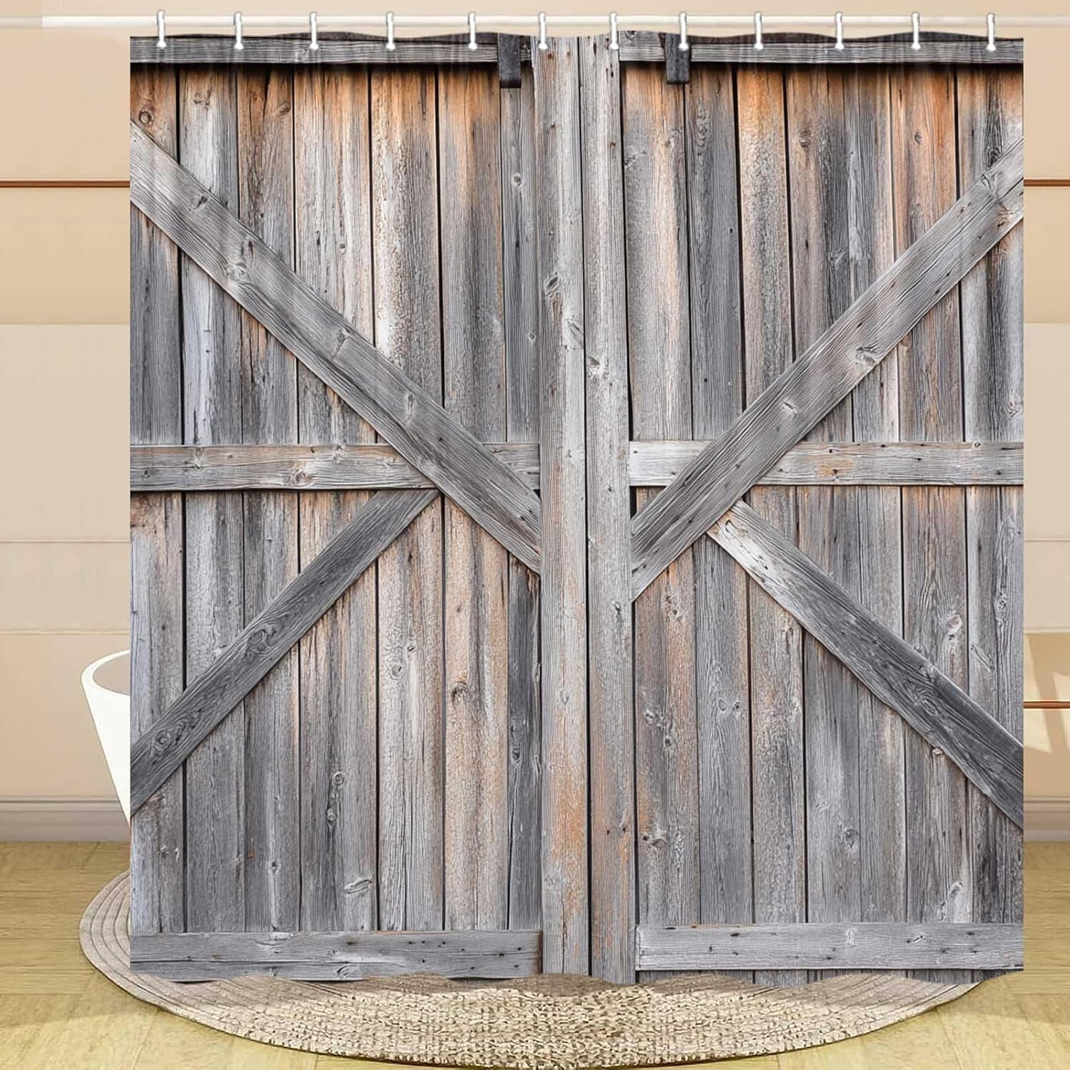 Wooden Barn Door Shower Curtain, Rustic Wooden Garage Door Shower Curtain Vintage Wood Farmhouse Shower Curtain, Country Barn Door Shower Curtain with Hooks, 72X72 Inch, Grey