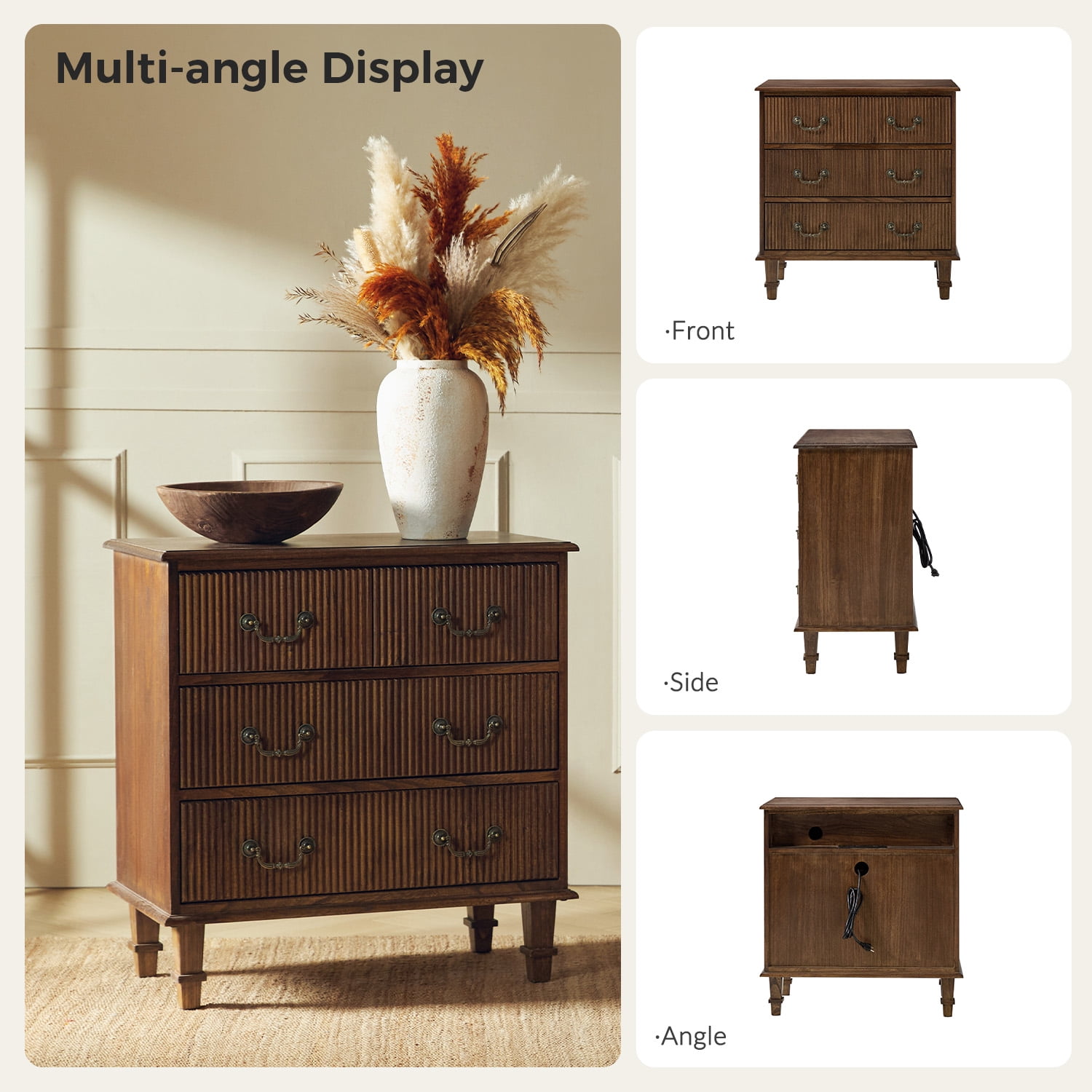 Tina's Home Transitional Solid Wood End Table with Vertical Striped Design, Built-in Charging Station - 4 Walnut Drawers