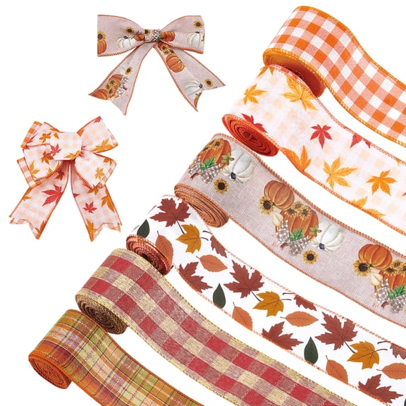 6 Rolls Fall Ribbons Wired Buffalo Plaid Autumn Harvest Thanksgiving Ribbons Set Maple Leaves Wired Edge Wrapping 2.36in Rustic Vintage Farmhouse Wrapping