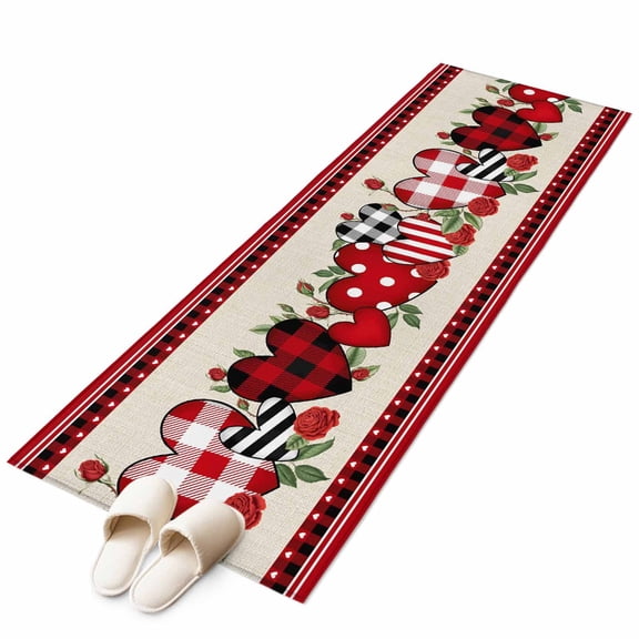 Runner Rugs 2x6 Ft, Red Valentine's Day Non Slip Area Rugs for Kitchen Bedroom Entryway, Love Heart Roses Leaves Rustic Washable Carpet Runner Rug Floor Mats for Bedroom Home Decor