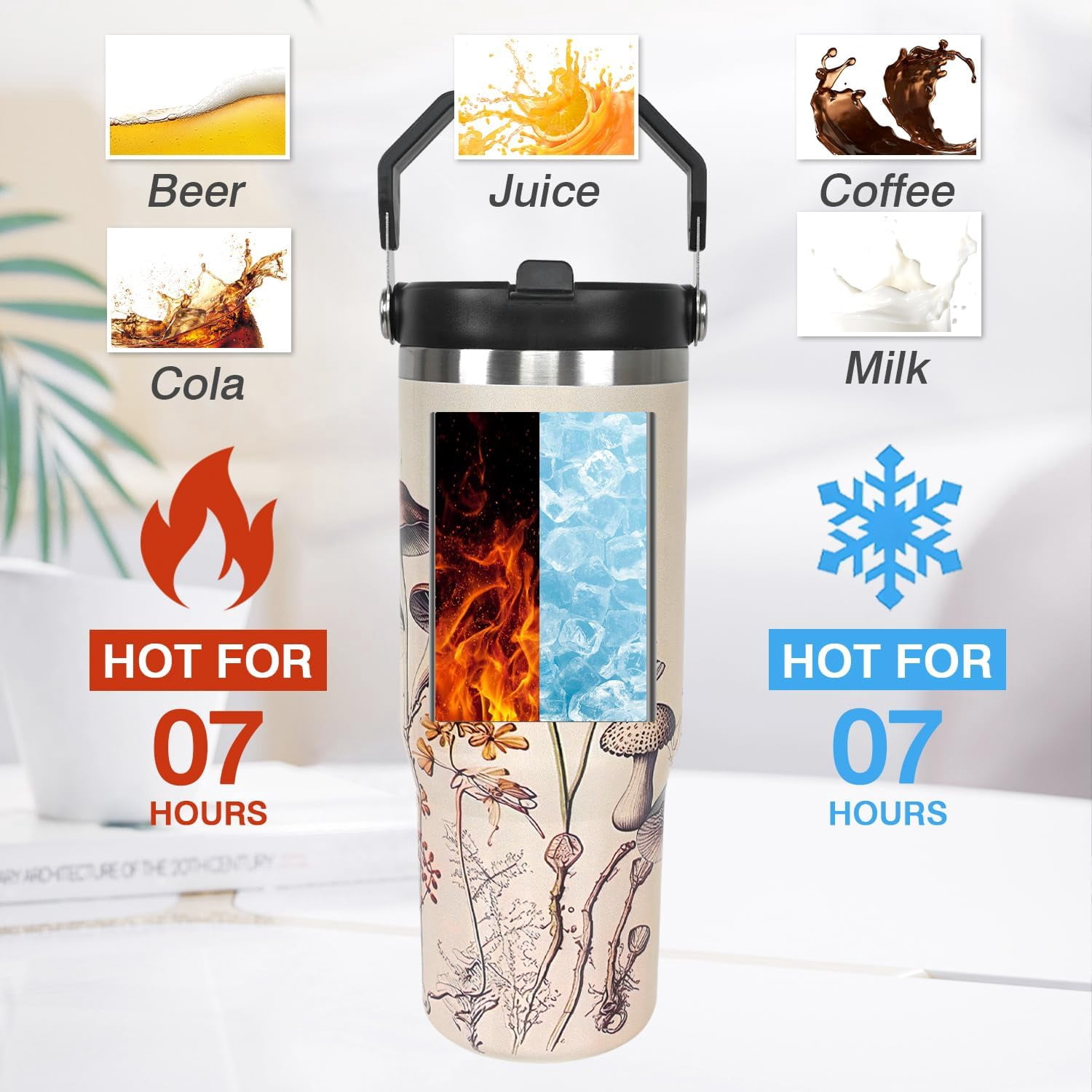 30 oz Black Bottle Spill Proof Mushroom Tumbler with Top Handle and Straw Lid Stainless Steel Double Wall Insulated Tumbler Coffee Mug Gift for Women Men Travel Cup for Car (Plant)