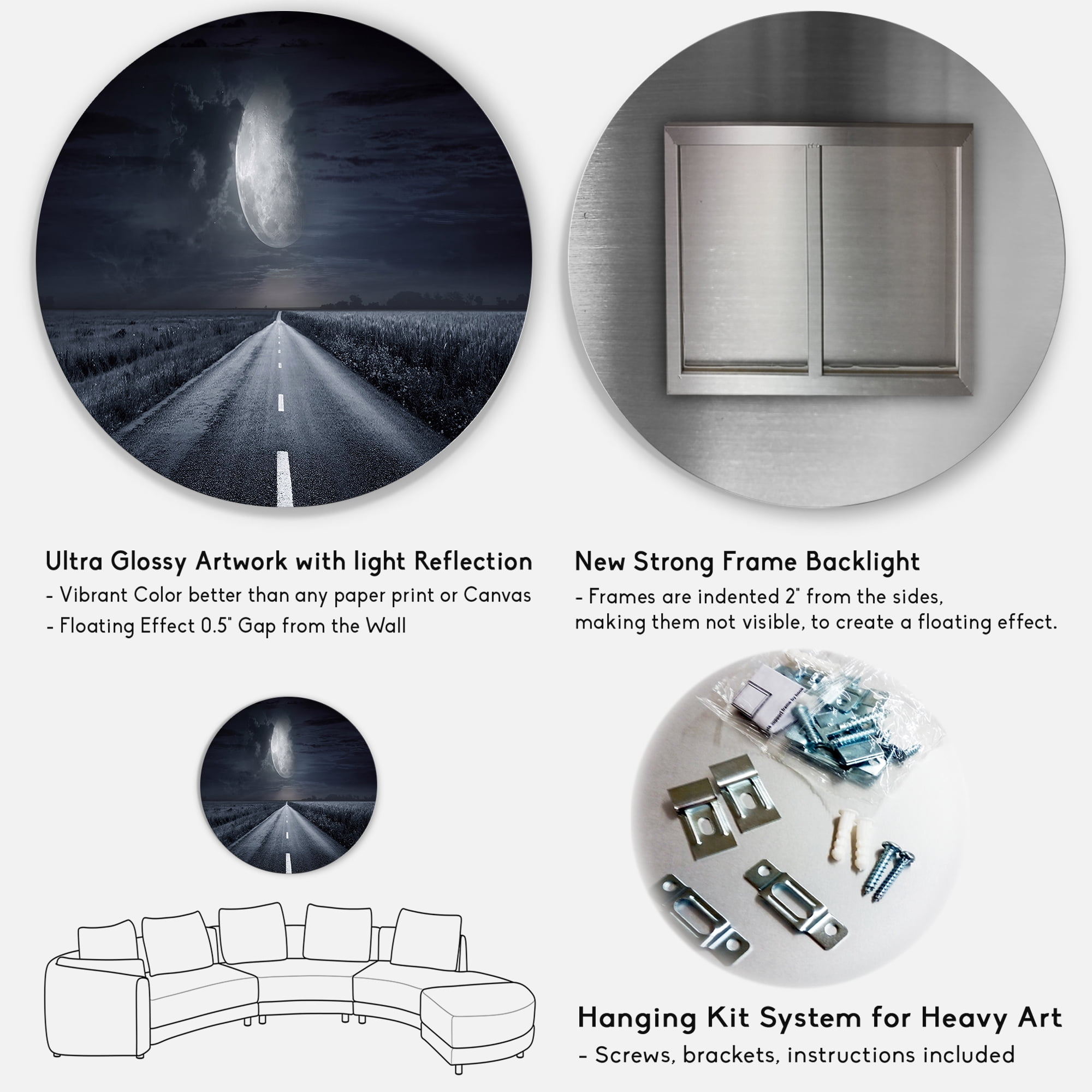 Designart 'Cloudy Full Moon Over Asphalt Road III' Nautical & Coastal Circle Metal Wall Art 11x11 - Disc of 11