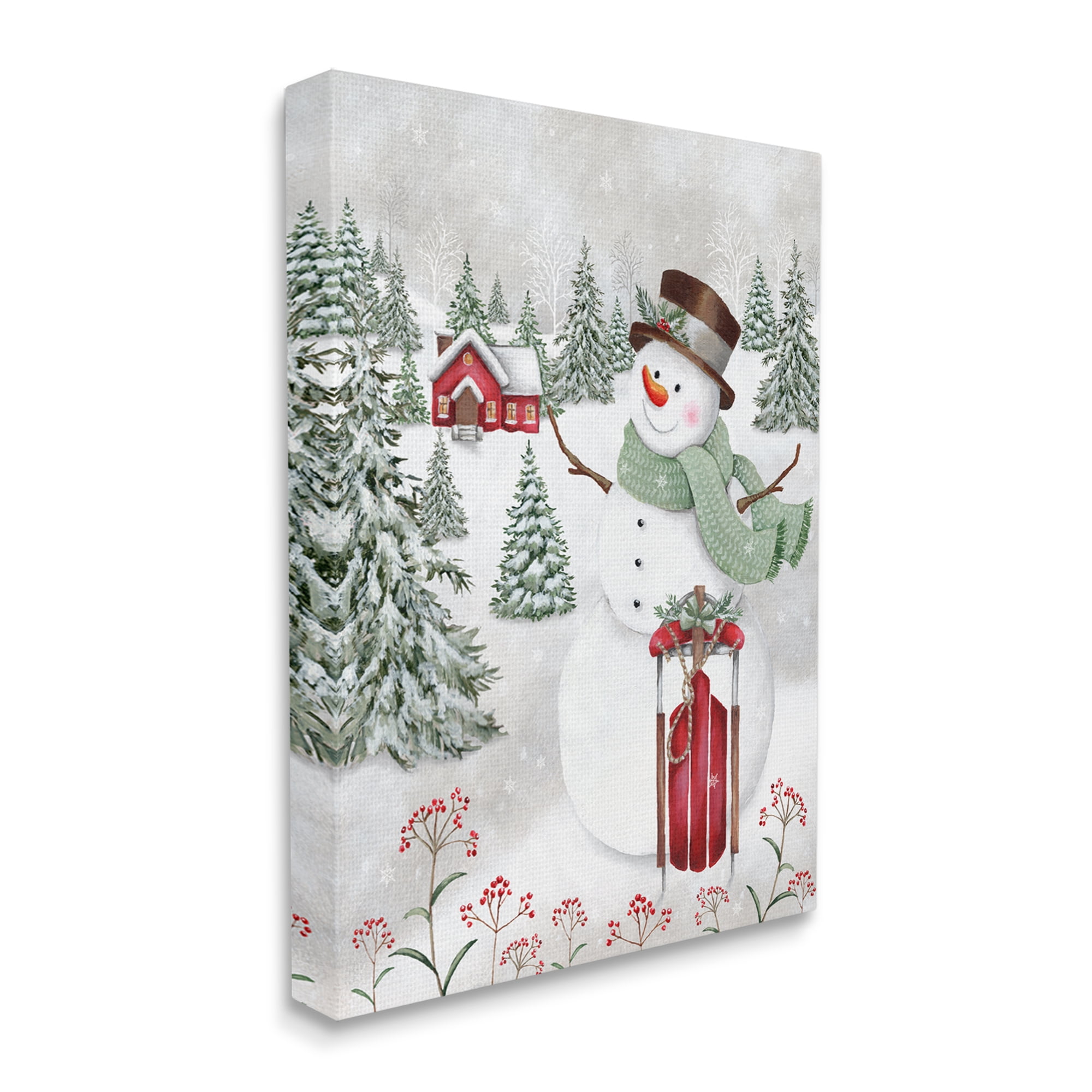 Cheerful Snowman Red Sleigh Sled Holly Botanicals Landscape Painting Gallery-Wrapped Canvas Print Wall Art