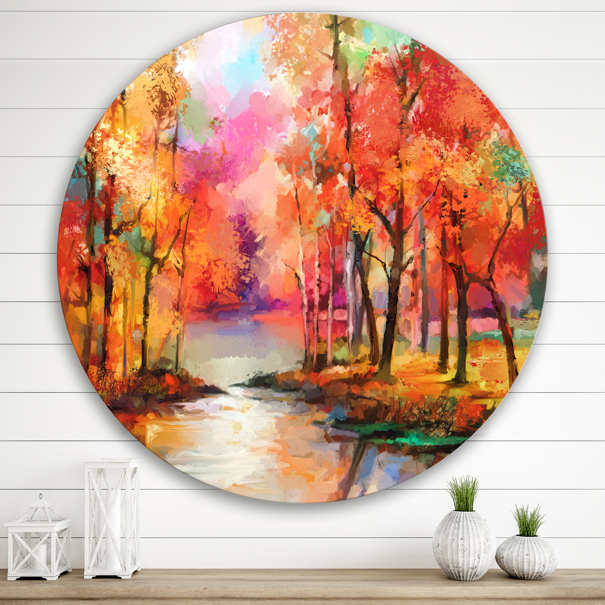 Designart 'The Lake In Autumn By Colorful Autumn Trees' Modern Circle Metal Wall Art 29x29 - Disc of 29