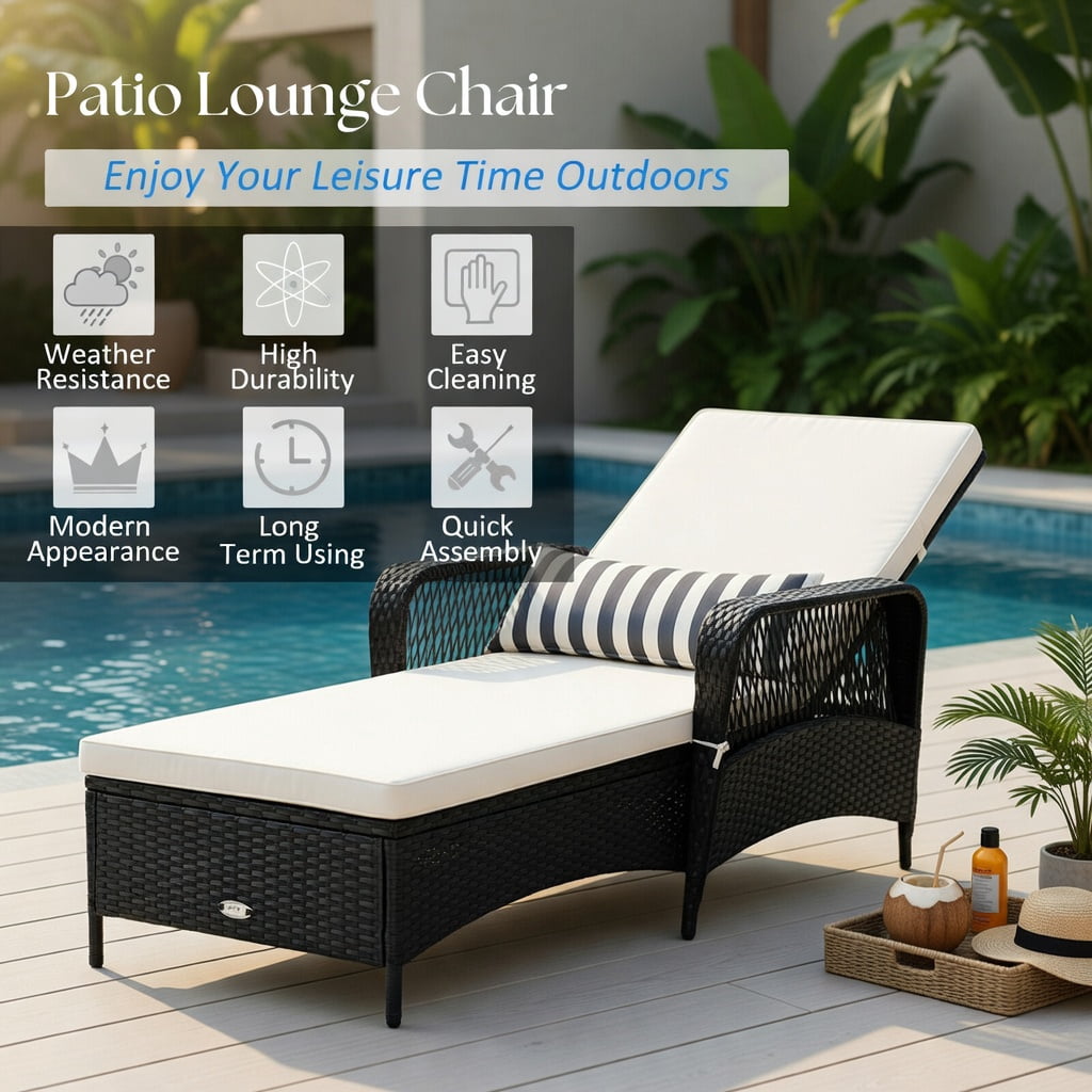 Hommoo Adjustable PE Wicker Chaise Lounge Chair with Lumbar Pillow, Outdoor Patio Recliner, Weather-Resistant Steel Frame, Off-White