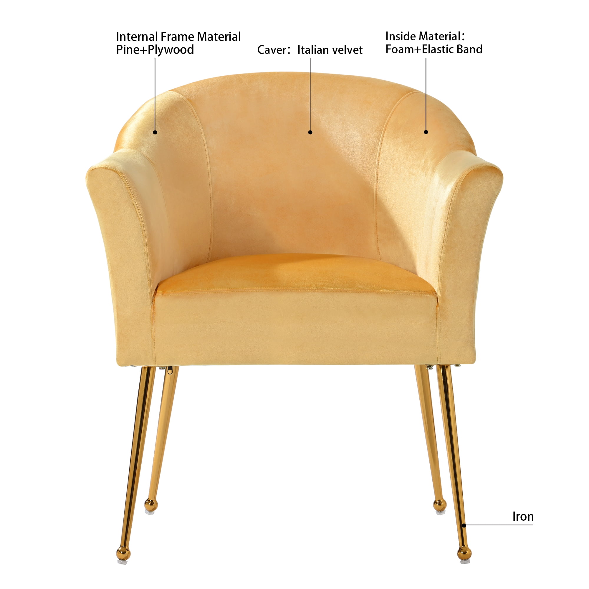 Kadyn Polyester Accent Chair, Modern Armchair with Gold Metal Legs, Single Reading Chair for Living Room, Yellow