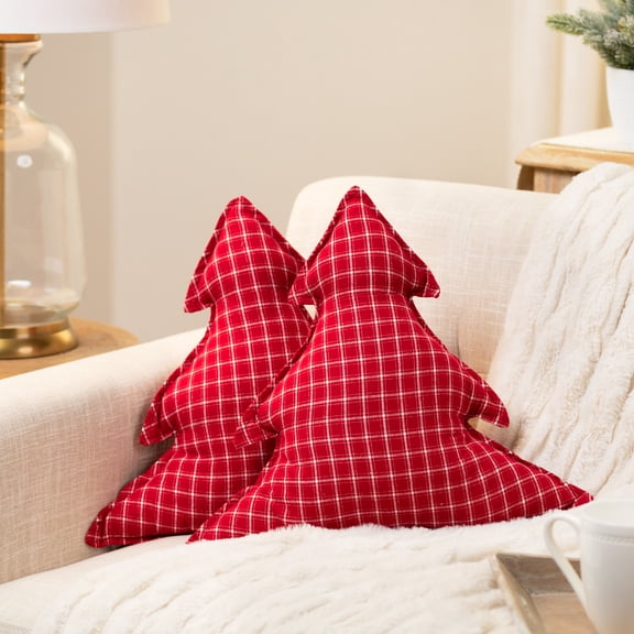 Plaid Tree Christmas Throw Pillows - 17" x 14.5" - Red and White - Set of 2