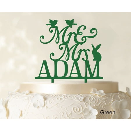 Mr And Mrs Wedding Custom Cake Topper With Birds And Rabbit Elegant Color Option Available 6 -7 Inches Wide