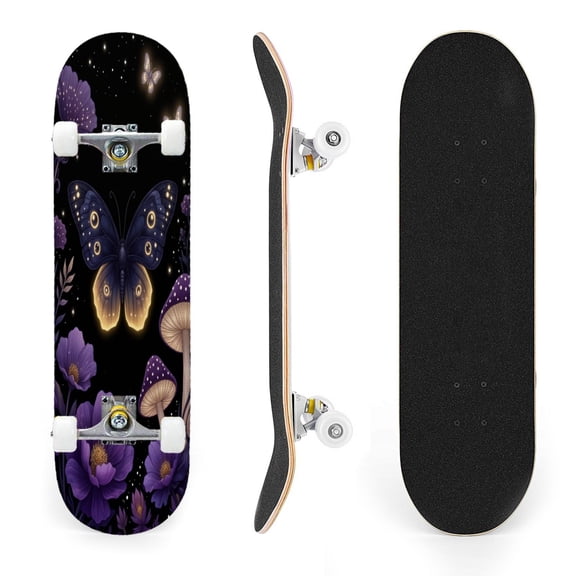 31"x8" Gothic Moth Fantasy Purple Mushroom Flowers Complete Skateboards for Beginners, Double Kick 7 Ply Maple Deck Skateboard with Wheels, Gifts for Kids Teens