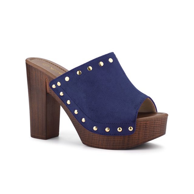 BLISSFUL STEP Women's Shoes Platform Chunky Heels Open Toe Rivet Faux Suede Slides Sandals Haze Blue 5.5
