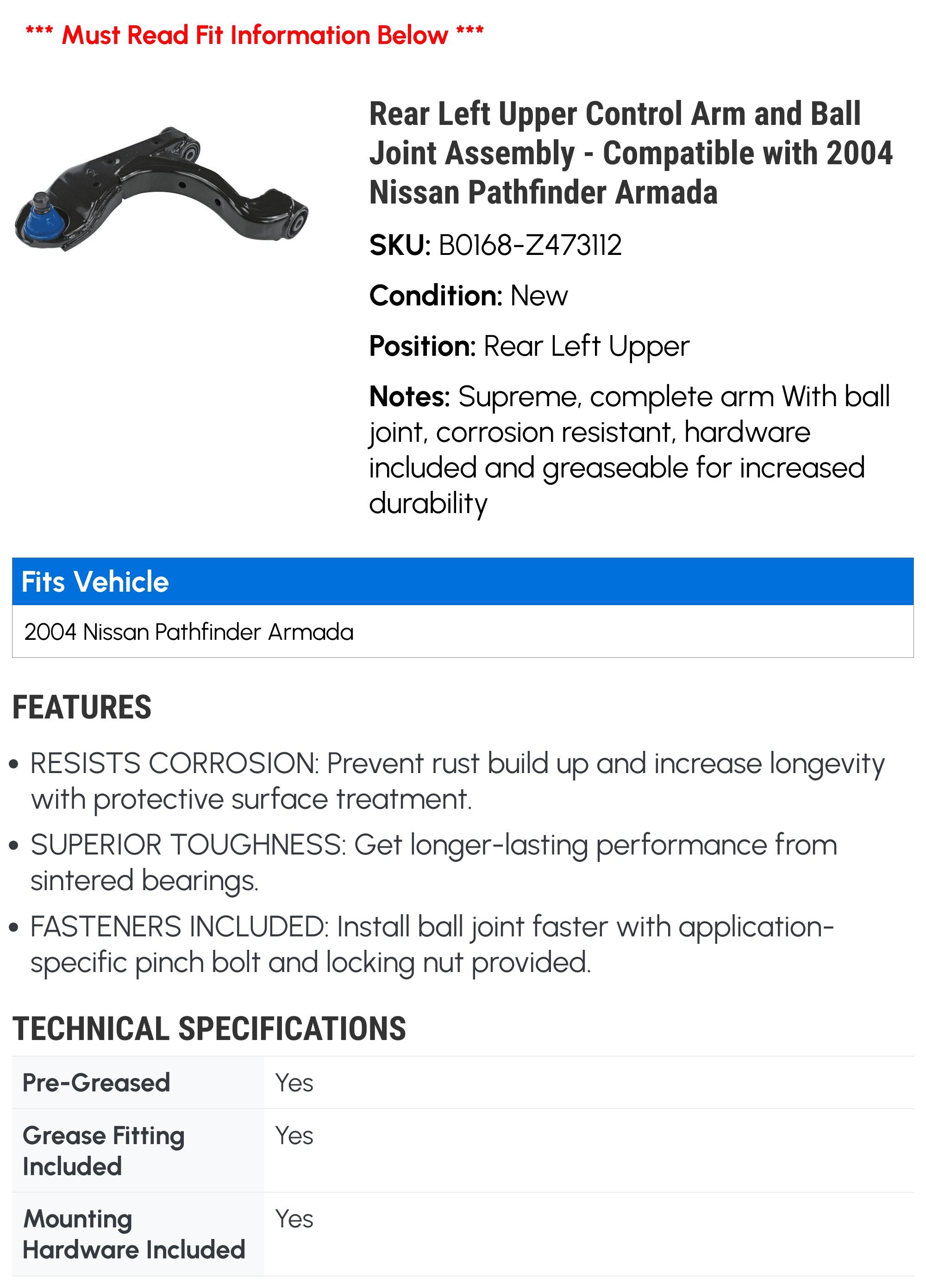 Rear Left Upper Control Arm and Ball Joint Assembly - Compatible with 2004 Nissan Pathfinder Armada
