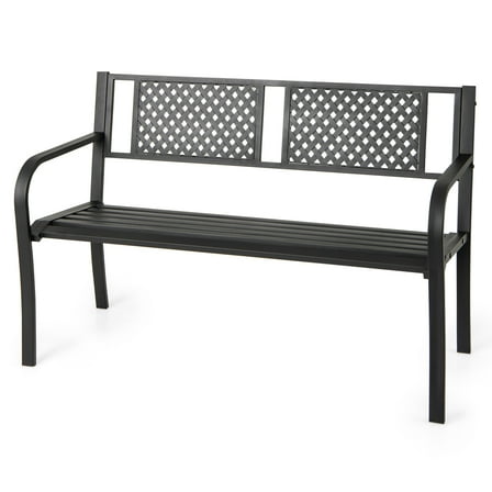 Topbuy Patio Metal Bench Garden Bench with Backrest Curved Armrests Slatted Seat for 2-3 Persons