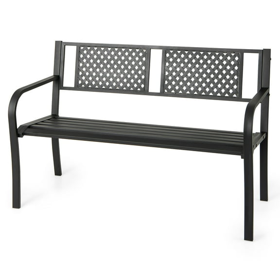 Topbuy Patio Metal Bench Garden Bench with Backrest Curved Armrests Slatted Seat for 2-3 Persons