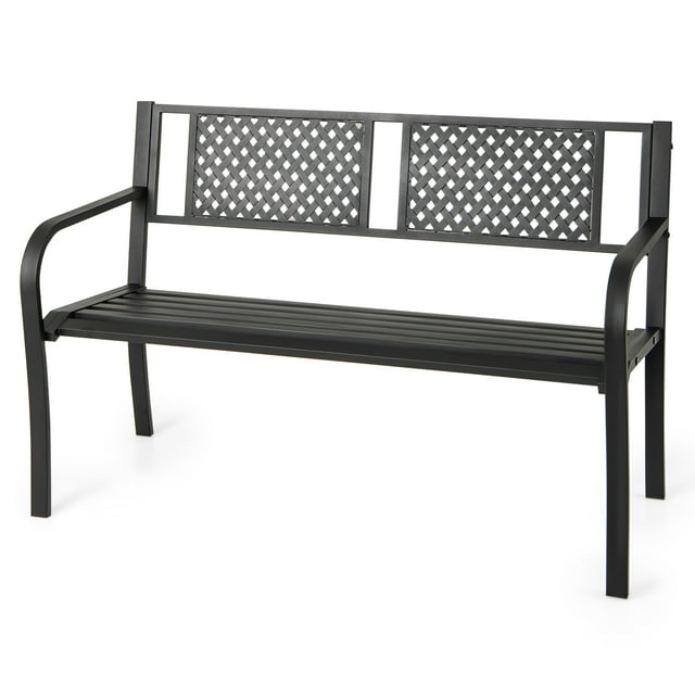 Patiojoy Patio Metal Bench Garden Bench with Backrest Curved Armrests Slatted Seat for 2-3 Persons