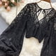 thumbnail image 4 of Blusa de encaje transparente sin espalda para mujer: top corto ajustado con detalle de lazo para otoño, camisa versátil y elegante para superponer., 4 of 7