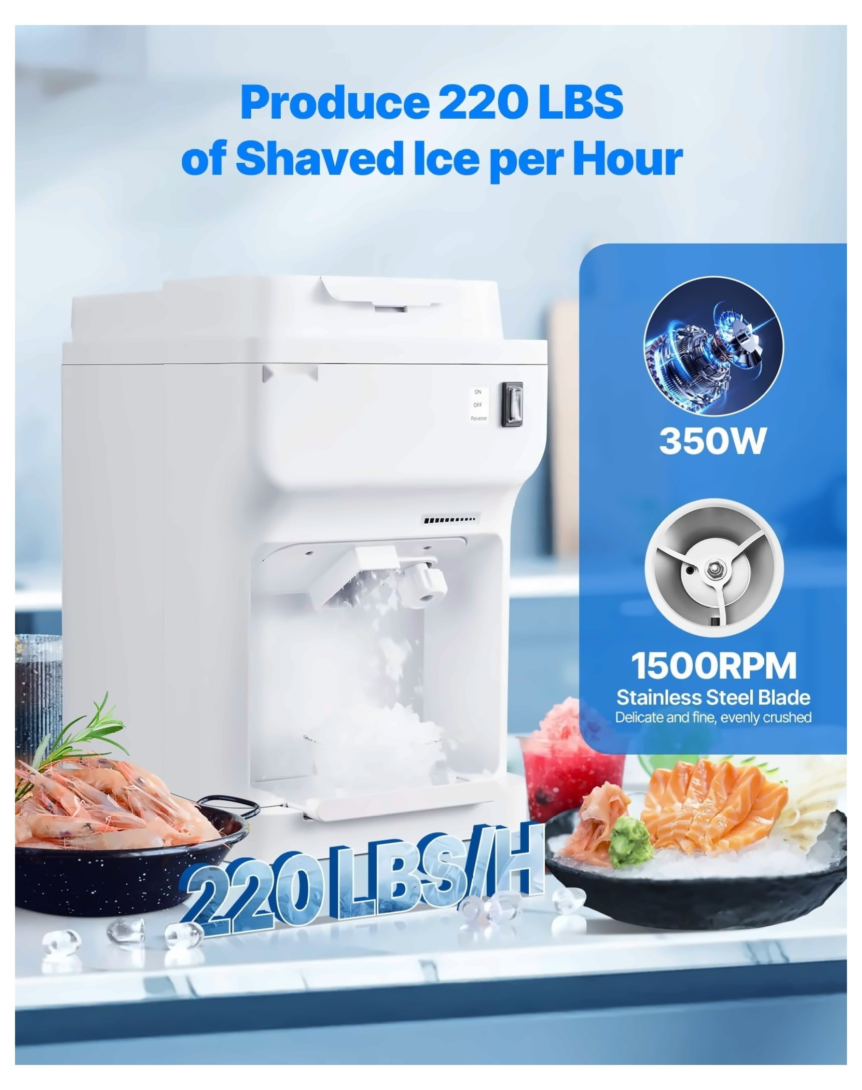 Commercial Snow Cone Maker - 220LBS/H Electric Ice Shaver Crusher - Adjustable Fineness - Large 4L Capacity - White