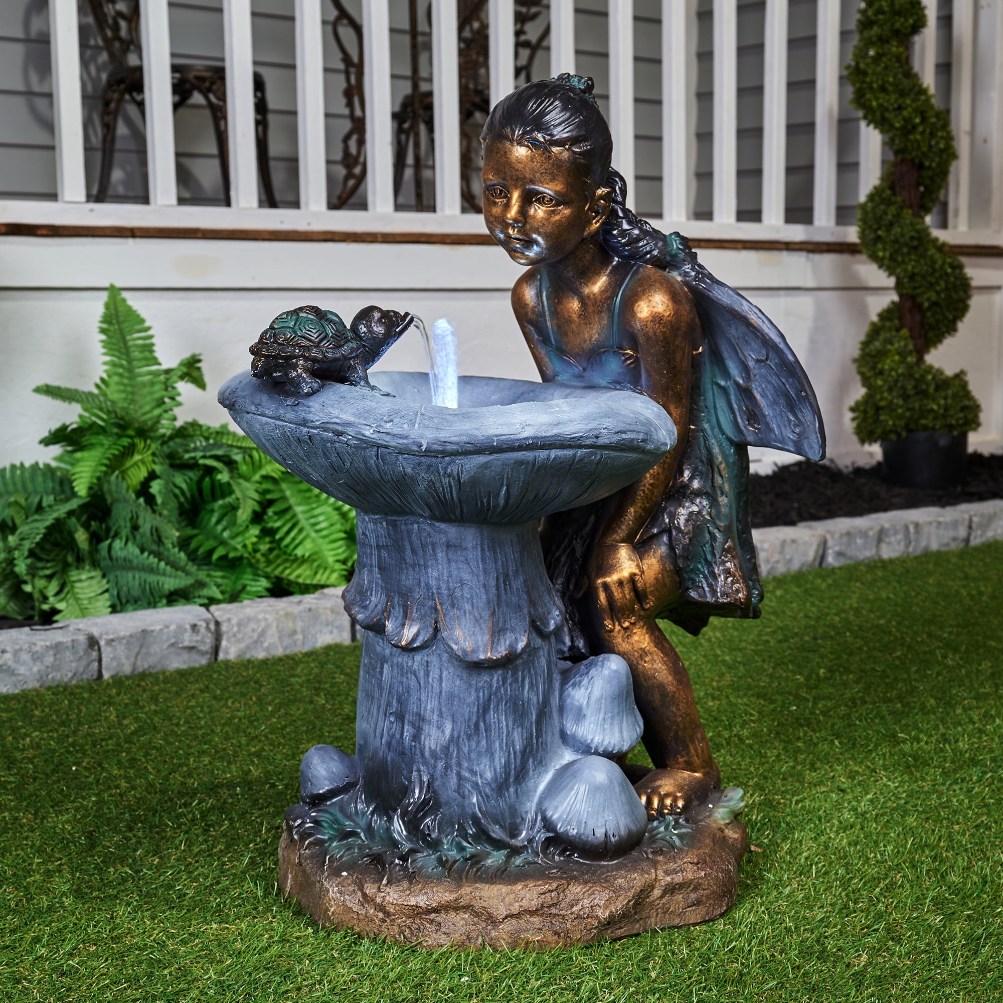 Girl Playing By Water Fountain with White LED