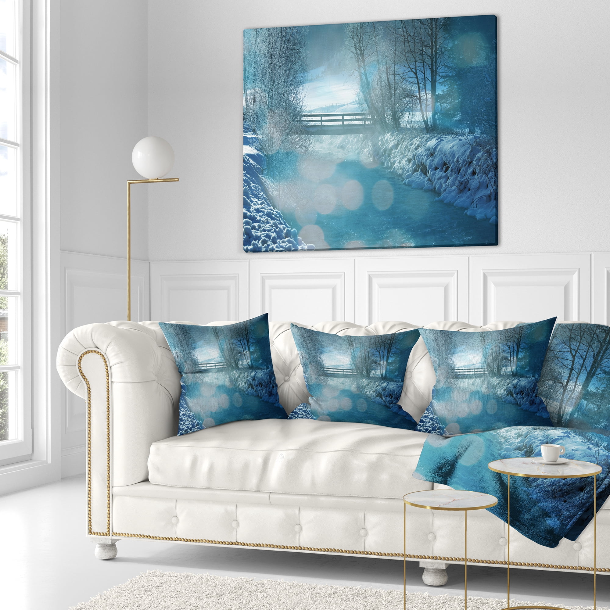 Designart Beautiful Winter River View - Landscape Printed Throw Pillow - 16x16