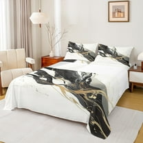 Manfei Adult Modern Marbling Twin Sheet Sets, Chic Abstract Marble Twin Fitted Sheet, Black Gold Fashion Flat Sheet, Lightweight Room Decor, 3 Pieces