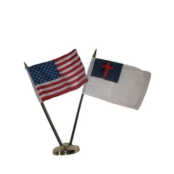 USA American w/ Christ Christian Flag 4"x6" Desk Set Table Stick Gold Base