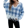 thumbnail image 3 of Xuanfei Women Plaid Deep V Neck Long Sleeve Fringed Ripped Crop Sweater, 3 of 7