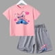 thumbnail image 3 of Conjunto de 2 piezas de camiseta y pantalones cortos de Disney Stitch para niños y niñas, de algodón, informal, cómodo y a la moda, para verano, 3 of 5