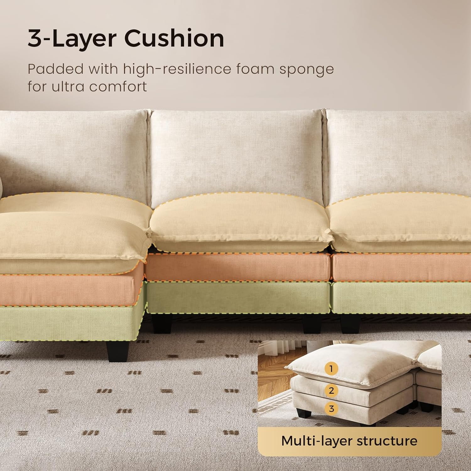 Howcool Cloud Couch Modular Sectional Sofa 3 Seat 107" L Shaped Convertible Couch Chenille Thick Cushion with Ottoman, Removable & Washable Cover for Living Room, Beige