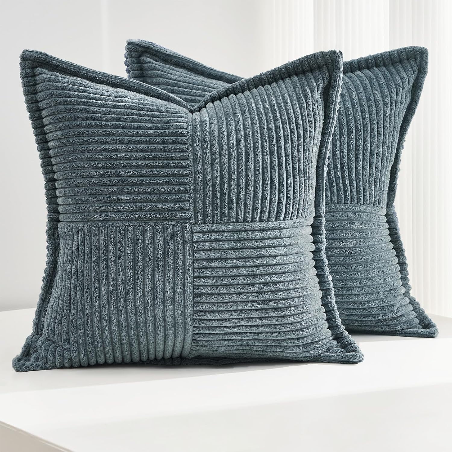Topfinel 20" x 20" Wide Side Pillowcase,Corduroy Decorative Textured Pillow Cover,Blue,Set of 2
