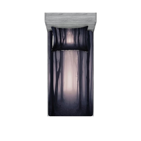 Ambesonne Forest Fitted Sheet & Pillow Sham Set, Deep in Spooky Jungle, Twin, Dark Grey Purple