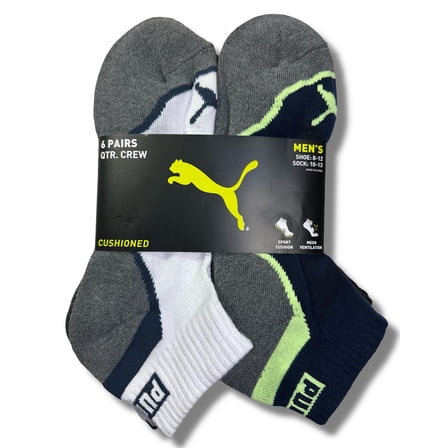 PUMA SOCKS MEN'S - QUARTER CUT 243 - WAVE WHITE BLUE - LARGE (10-13) PACK 6 XX