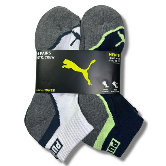 PUMA SOCKS MEN'S - QUARTER CUT 243 - WAVE WHITE BLUE - LARGE (10-13) PACK 6 XX