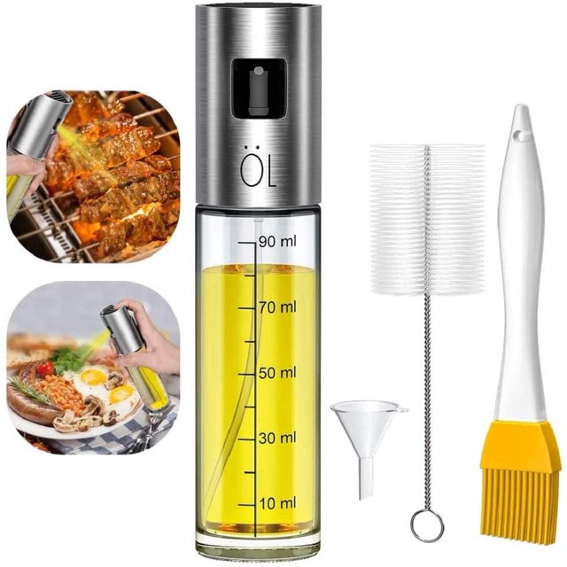 Dispensador de aceite y vinagre en aerosol de aceite de oliva 4 en 1 con botella de vidrio y acero inoxidable, dispensador de aceite de oliva portátil de 100 ml con cepillo para rociar Sailing Electrónica