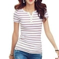 thumbnail image 1 of T-shirt Rayé pour Femmes à Boutons, Col en V, T-Shirt Rayé à Manches Courtes pour Femmes, Coton, Ajusté, Haut Basique, 1 of 4