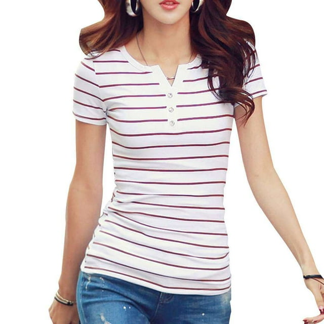 T-shirt Rayé pour Femmes à Boutons, Col en V, T-Shirt Rayé à Manches Courtes pour Femmes, Coton, Ajusté, Haut Basique