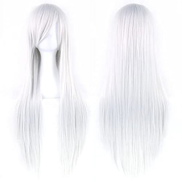 Zhuge Pelucas de cabello natural liso de 80 cm de largo con flequillo para cosplay, peluca colorida para fiesta de disfraces de Halloween para niña (blanco plateado)