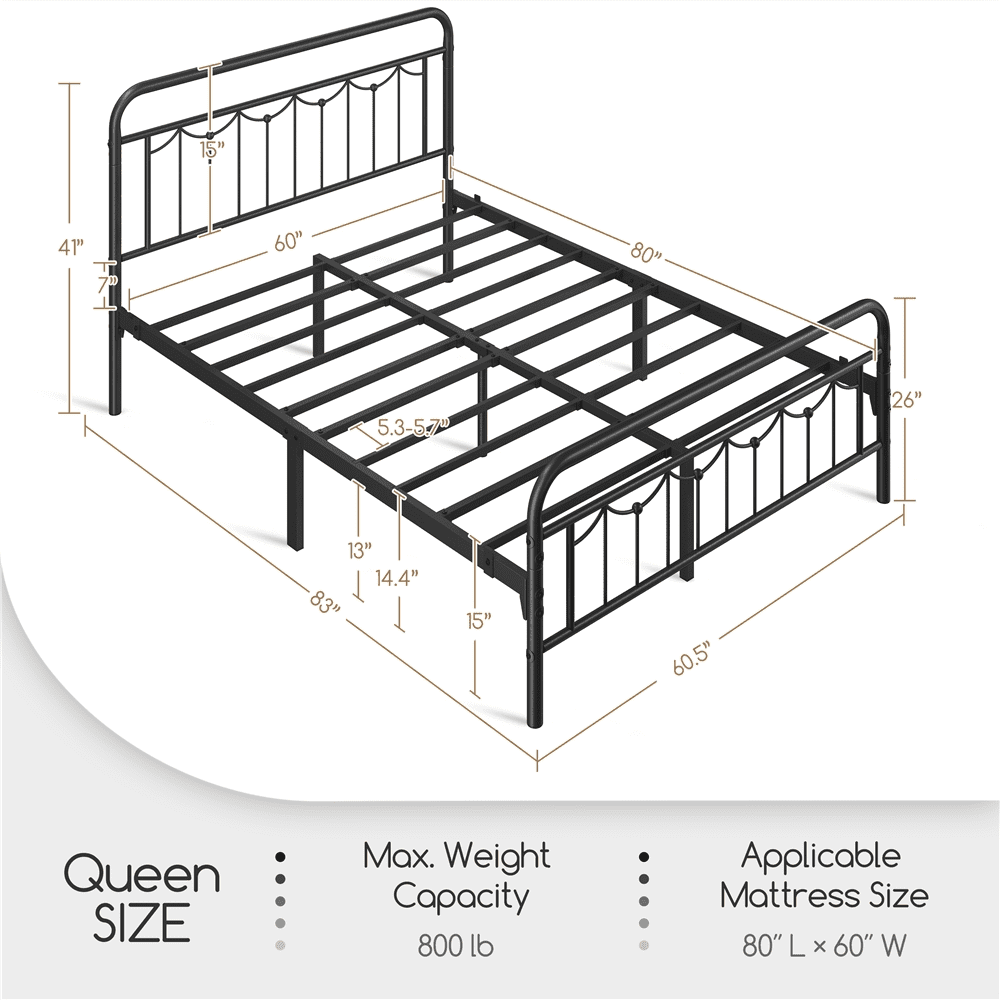 Alden Design Metal Platform Queen Bed with Vintage Headboard, Adult, Black