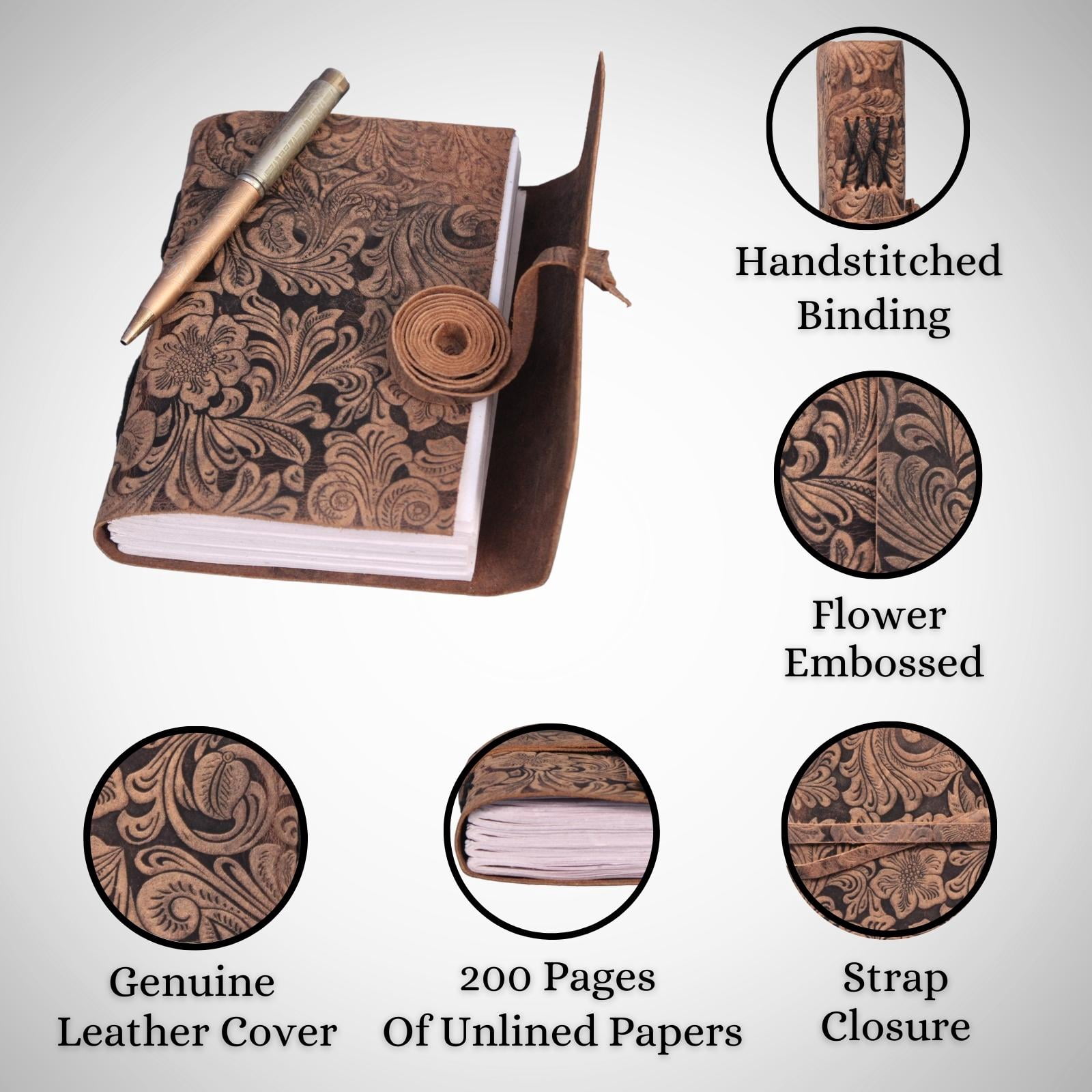Flower Embossed Journal Book Of Shadow Genuine Leather Diary Handmade Sketchbook Brown Notebook For Writing Unlined Pages