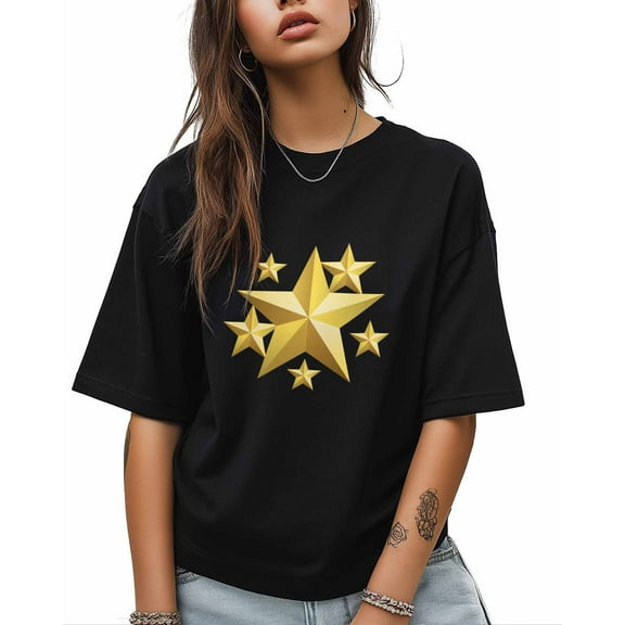 T Shirts for Women Short Sleeve Cotton Crewneck T-Shirt, Yellow 3D Five Stars Tee Tops Casual Basic T-Shirts, XS-5XL Black S