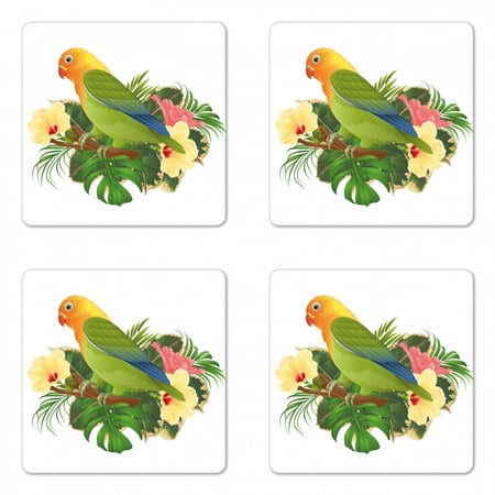 

Tropical Coaster Set of 4 Exotic Agapornis Parrot on Branch with Hibiscus Flowers and Leaves Illustration Square Hardboard Gloss Coasters Standard Size Multicolor by Ambesonne