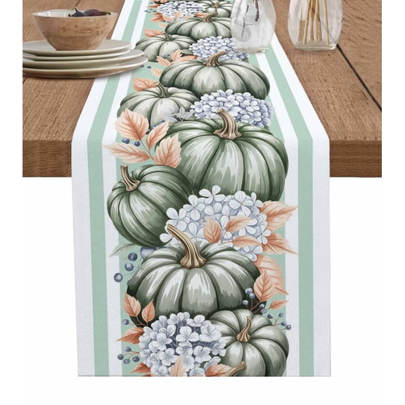 Green Pumpkin Fall Table Runner 70 Inches, Striped Thanksgiving Botanical Bed Runner Dresser Scarves Tabletop for Indoor Outdoor Parties/Ceremony/Banquet, 13" x 70"