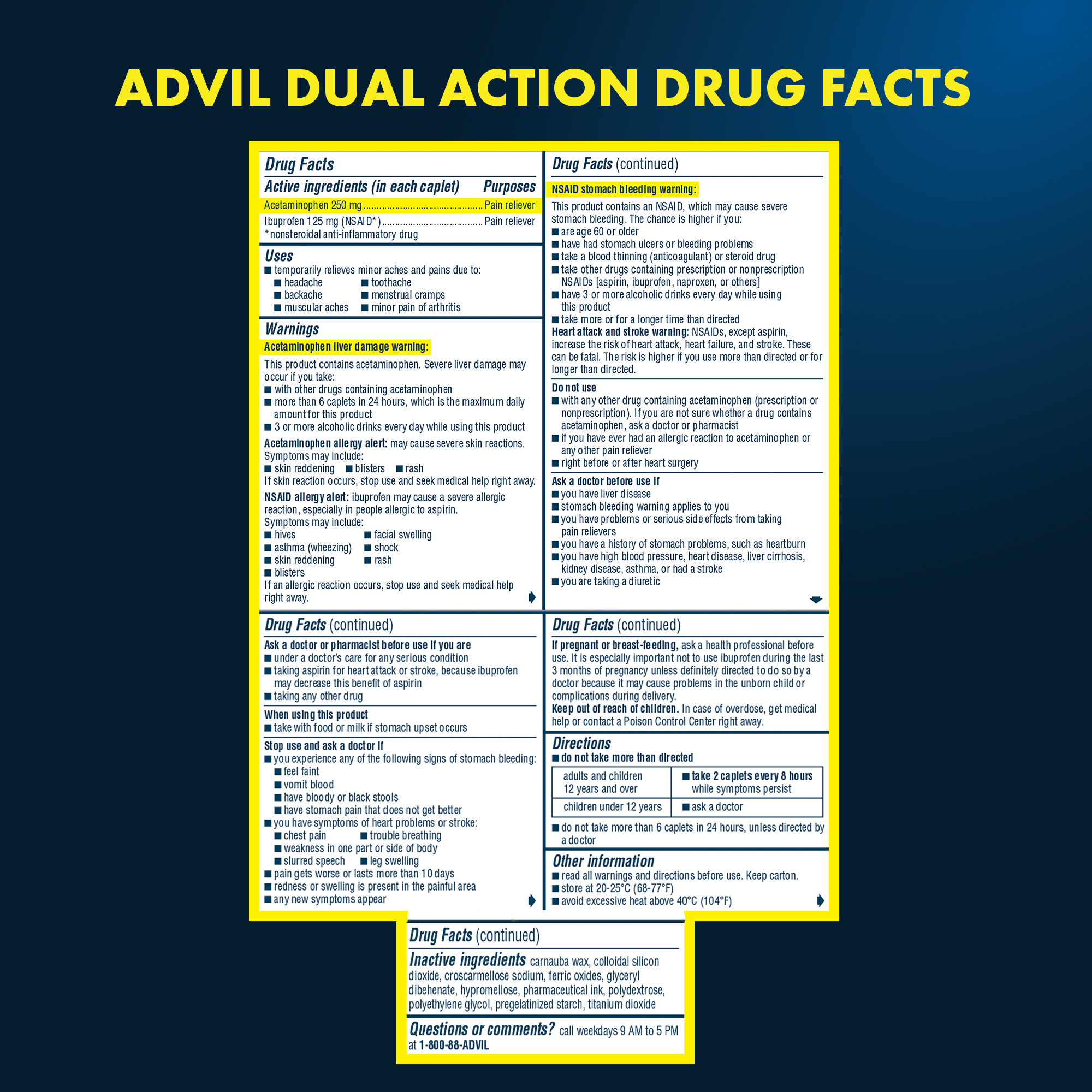 Advil Dual Action Coated Caplets with Acetaminophen, 250 Mg Ibuprofen and 500 Mg Acetaminophen Per Dose (2 Caplet Equivalent) for 8 Hour Pain Relief - 216 Count - image 5 of 6