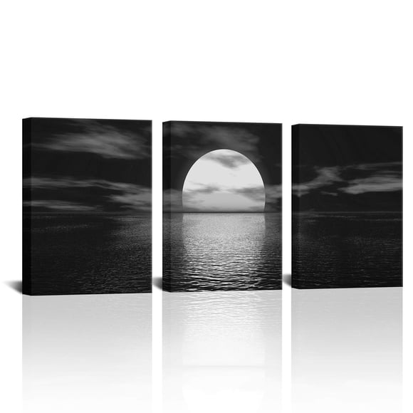 SkenoArt 3 Piece Black and White Bathroom Canvas Wall Decor Ocean Under Moonlight Painting Print Full Moon Seascape Picture Artwork for Home Bedroom Living Room Wall Decor Easy to Hang 12"x16"x3 PCS