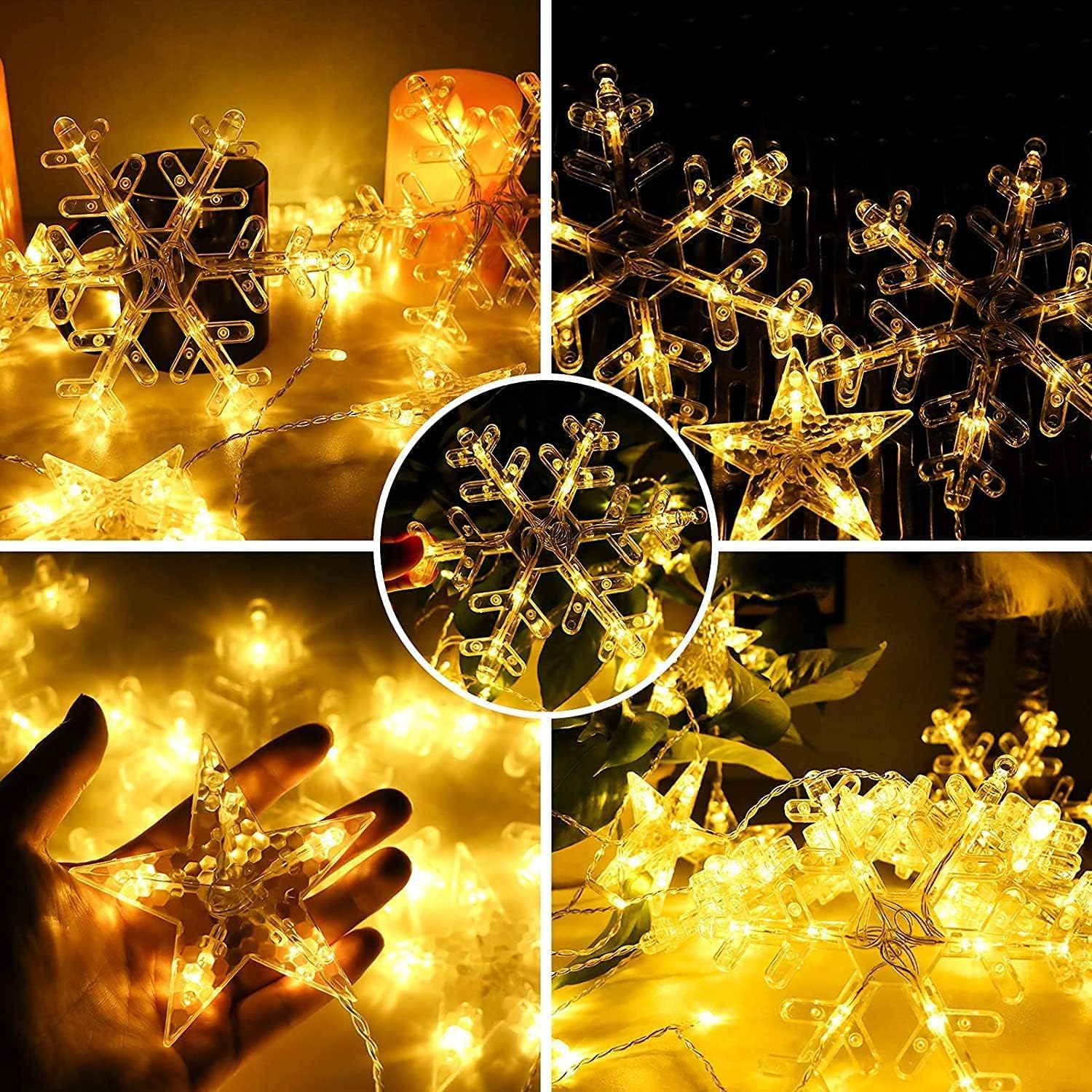 Qoosea Curtain String Lights, 126 LED Snowflake Star Waterproof Curtain Fairy Lights, Battery Operated Christmas Decorations for Window Wall Bedroom