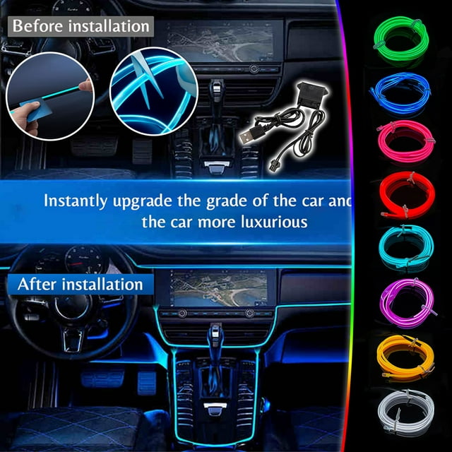 MORESEC 8Pcs LED Lights, Car Interior LED Atmosphere Lights, 5 Meter EL Cold Light Strip with USB Drive, Multi Color Decorative Lighting for Vehicle Home, Easy Installation, Dazzling Effect