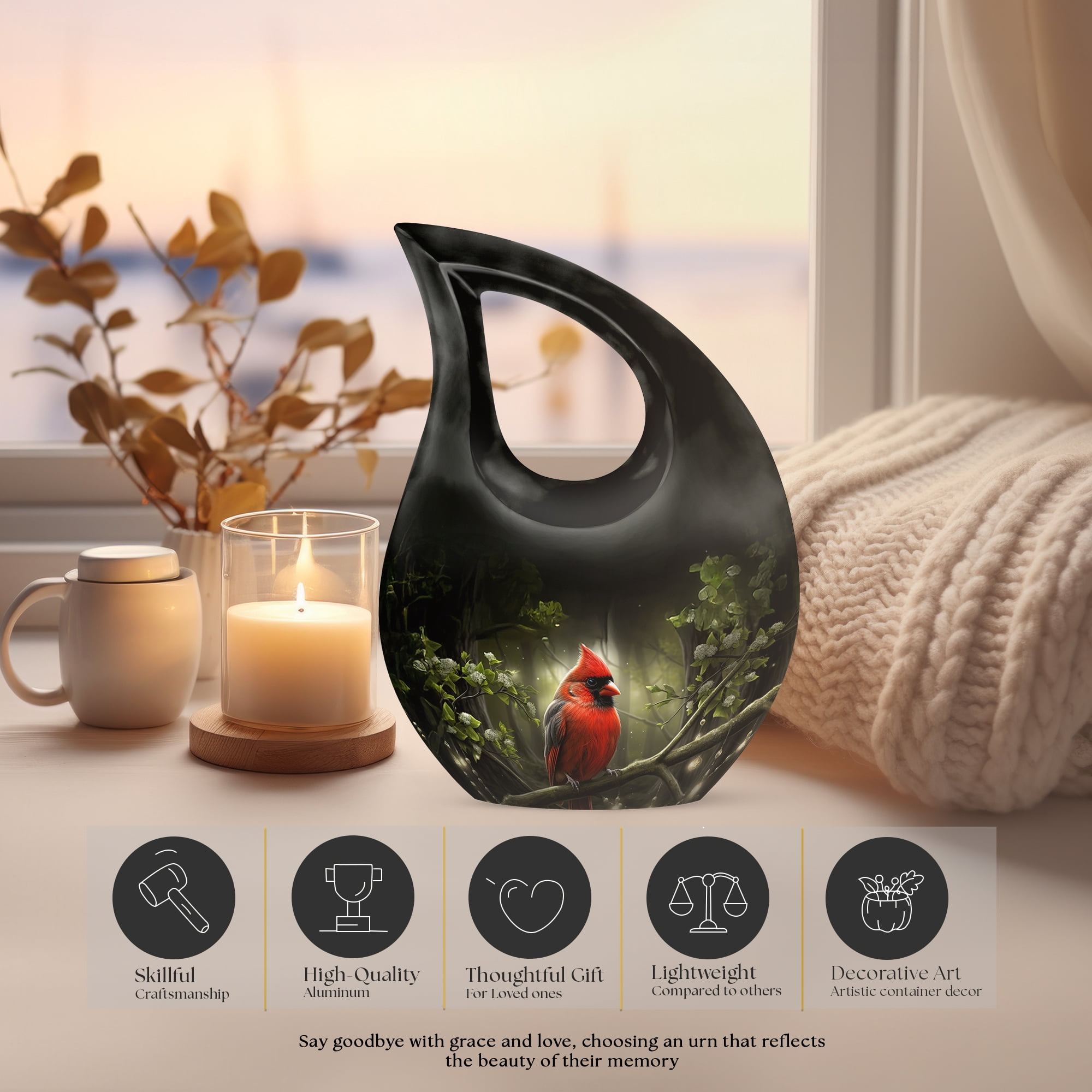MUKTIVE Red Cardinal Large Cremation Urn for Human Ashes Male & Female - Cross Drop Black Memorials & Funerary Urns - Remembrance Gift for Loss for Dad - Cremation Ashes Holder - 10 Inch