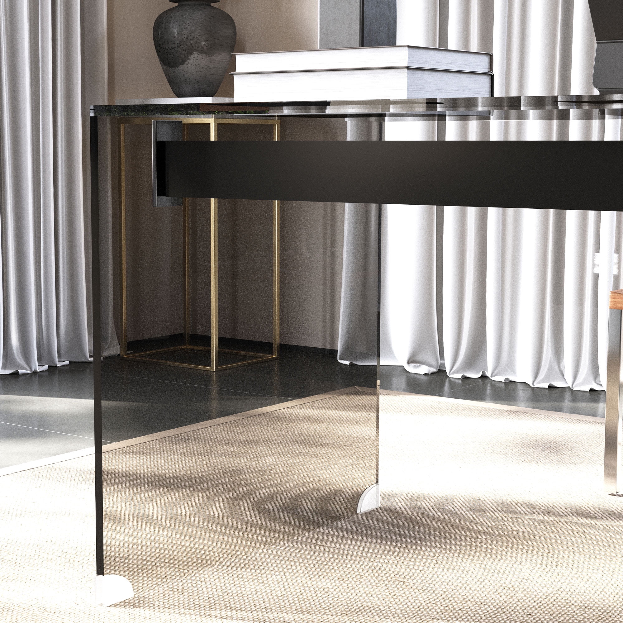 NessCarsti 53.14" Modern Tempered Glass Executive Desk with Drawer, Black Wood Finish and Tempered Glass Legs – Minimalist Stylish Workstation Table for Home Office