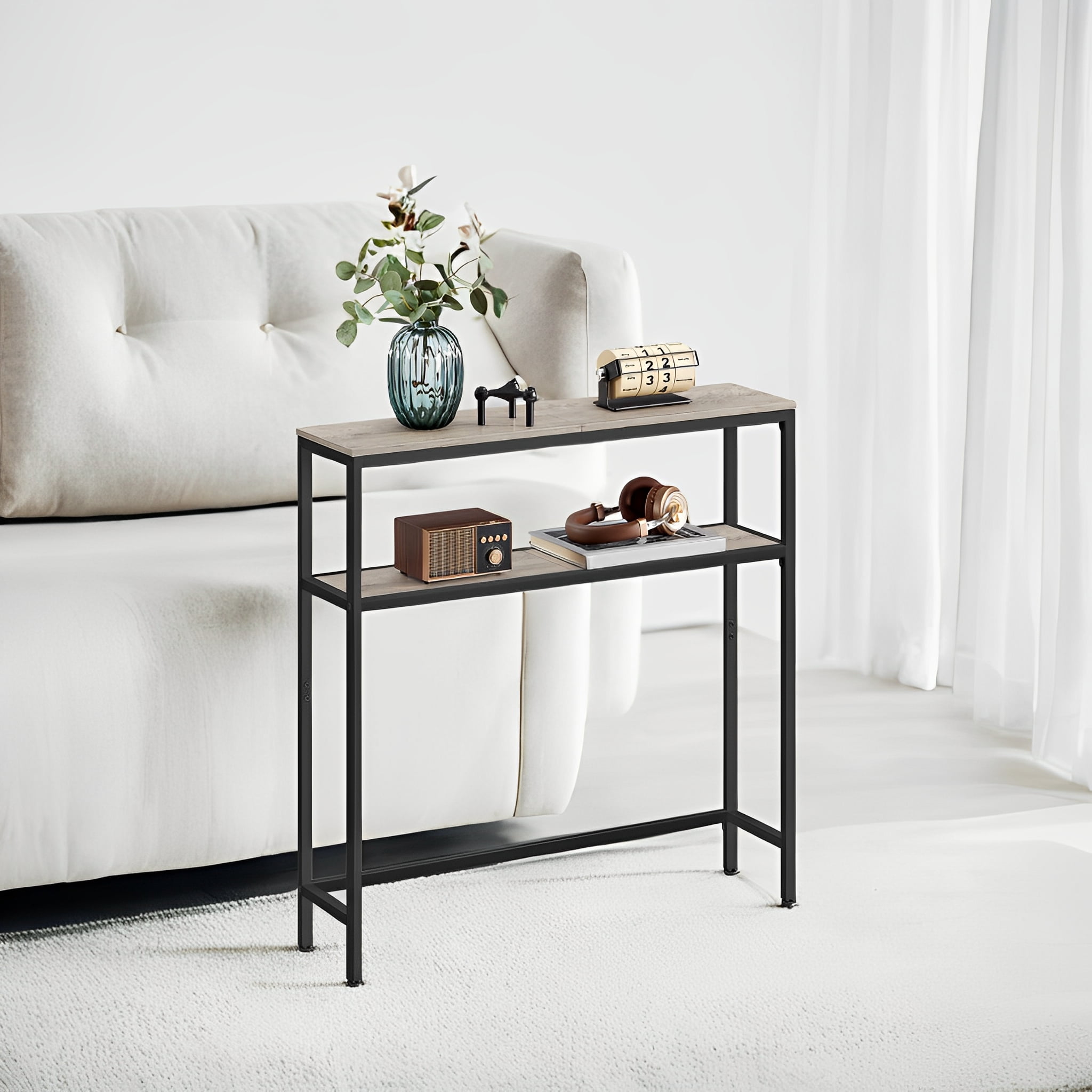 LEDREM 31.5" Modern Console Table, 2-Tier Narrow Sofa Table with Adjustable Feet, Entryway Shelf, Heather Greige and Black