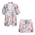 thumbnail image 4 of FKEKYI Coral Starfish Print Women's 2 Piece Set Short Sleeve Shirt & Shorts with Elastic Waist Summer Beachwear Soft Vacation Outfits Open Front Top Lounge Set, M, 4 of 6